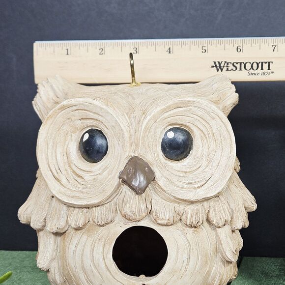 Vtg Carved Garden Hanging Owl Decor Small Nesting Resin Bird House Outdoor Cream - Picture 10 of 12
